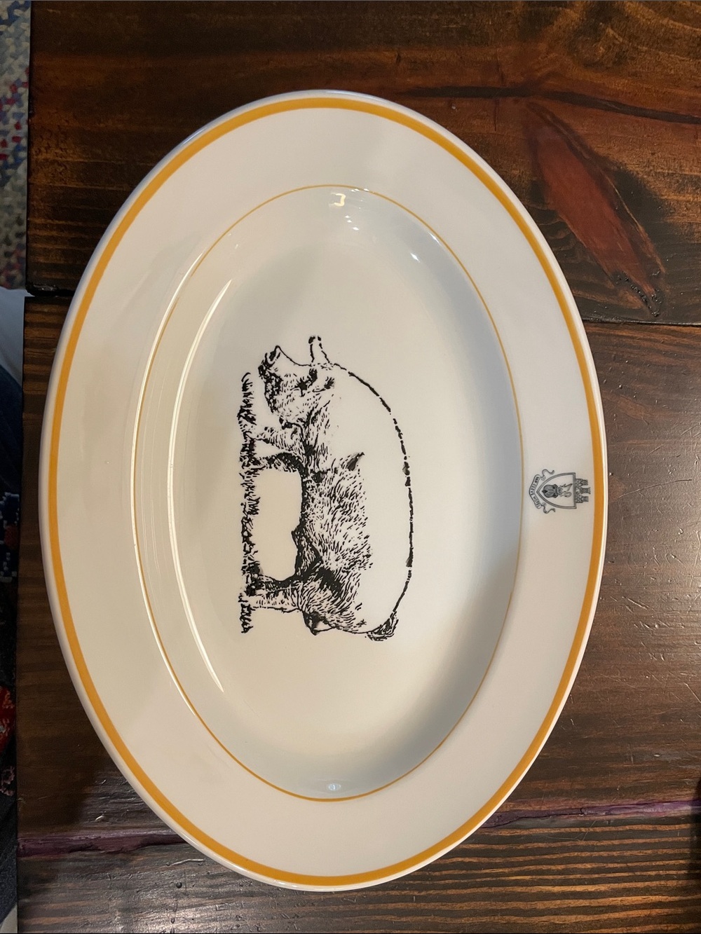 Vintage Ceramic Oval Serving Plate with Yellow Trim and Black Pig Illustration